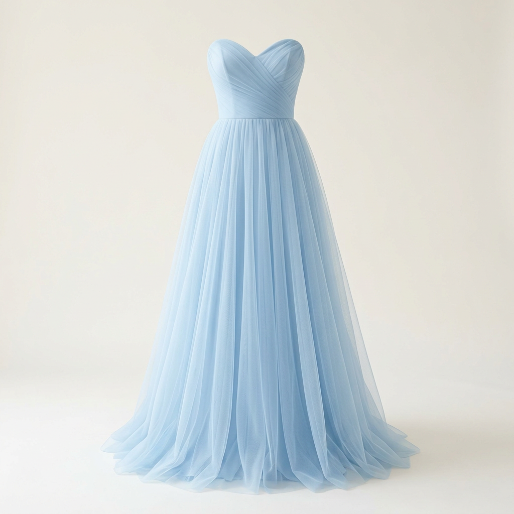 Soft Blue formal tulle dress, square front view