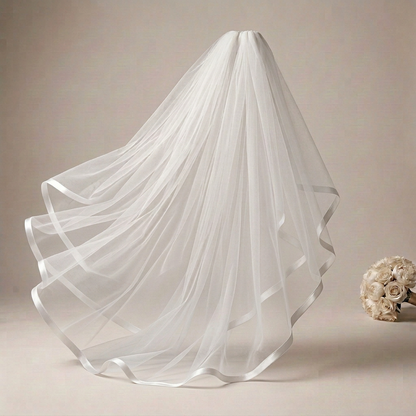 Soft-white veil with satin ribbon trim