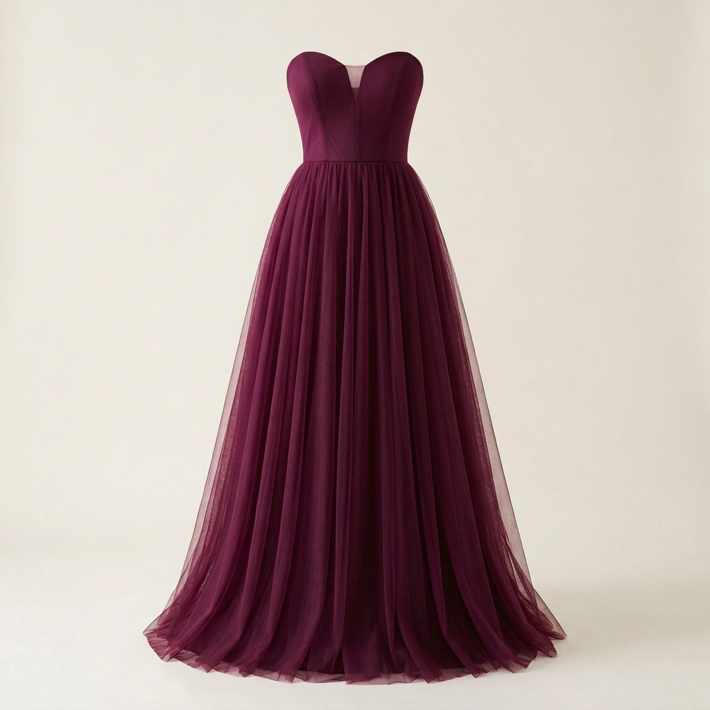 Wine formal tulle dress, square front view