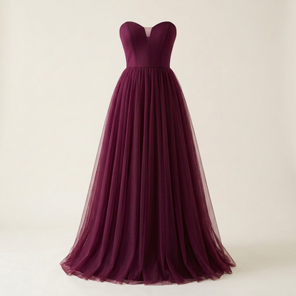 Wine formal tulle dress, square front view